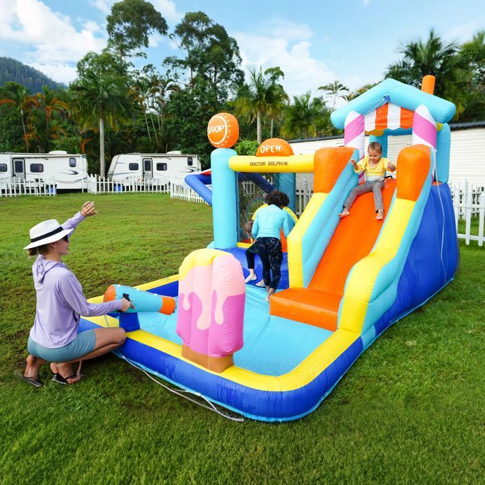 Château gonflable pour enfants, parc aquatique extérieur + trampoline, toboggan, fontaine, magasin de pistolets à eau, auvent