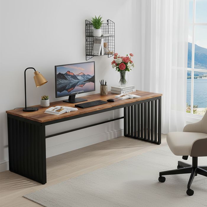 Escritorio grande de 180x76x60 cm con estructura metálica resistente - Estación de trabajo - Marrón (silla no incluida)
