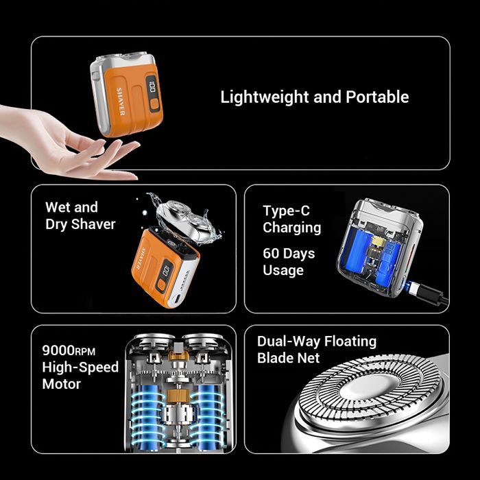 Afeitadora eléctrica inteligente e impermeable para hombre, mini afeitadora de viaje de doble cuchilla, recortadora de barba portátil, recargable.