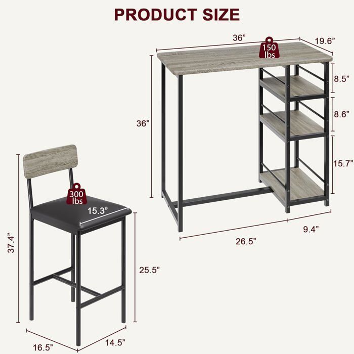 TABLE A MANGER AVEC CHAISES - Ensemble table de bar avec 2 tabourets 91x50x91cm - pour salle à manger, cuisine - Gris