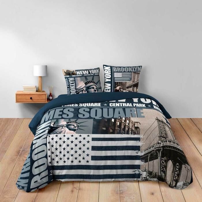 Housse de couette 240x220 cm 100% coton 42 fils Brooklyn bleu + 2 taies 63x63 - Douceur d'Intérieur