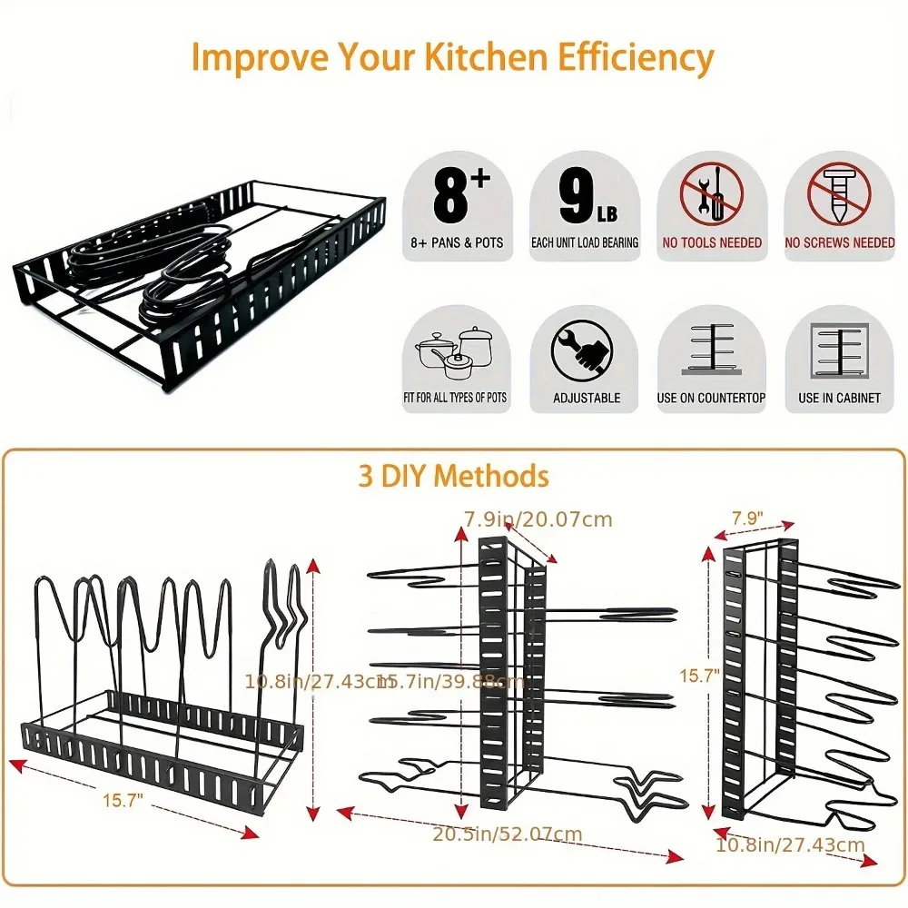 Étagère de rangement pour casseroles et poêles à 8 niveaux, boîte de rangement en métal pour placard de cuisine, idéale pour Noël