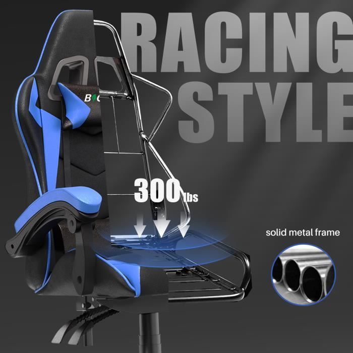 Sedia da gaming - Sedia ergonomica da gaming - BIGZZIA - Reclinabile da 90° a 135° - Nero e blu