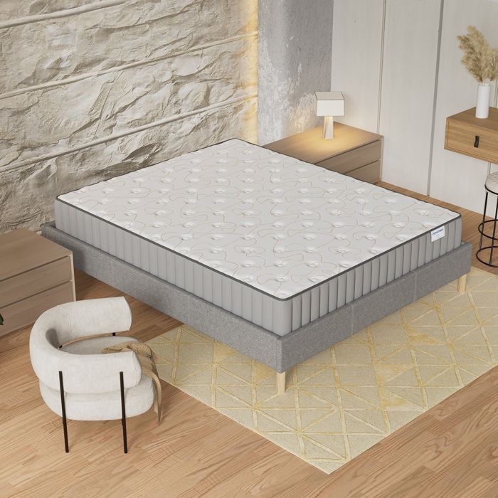 Matras + Bedbodem (120 x 190 cm) - Orionis traagschuimmatras 22 cm + stabiele houten bedbodem, grijze stoffen hoes