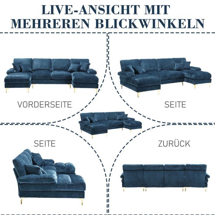 Moderne U-formet sofa, stor blå chenille, 272.00x136.00x88.00 cm