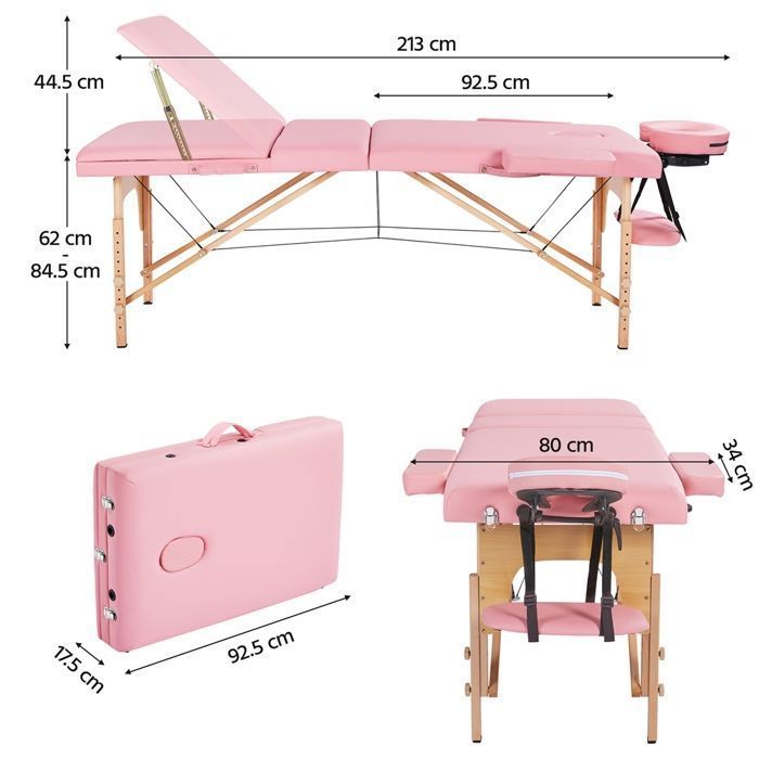 Table de Massage Pliable Lit de massage - 3 Zones - Charge 250 kg - Rose - Hauteur Réglable 213 x 82 cm - Yaheetech