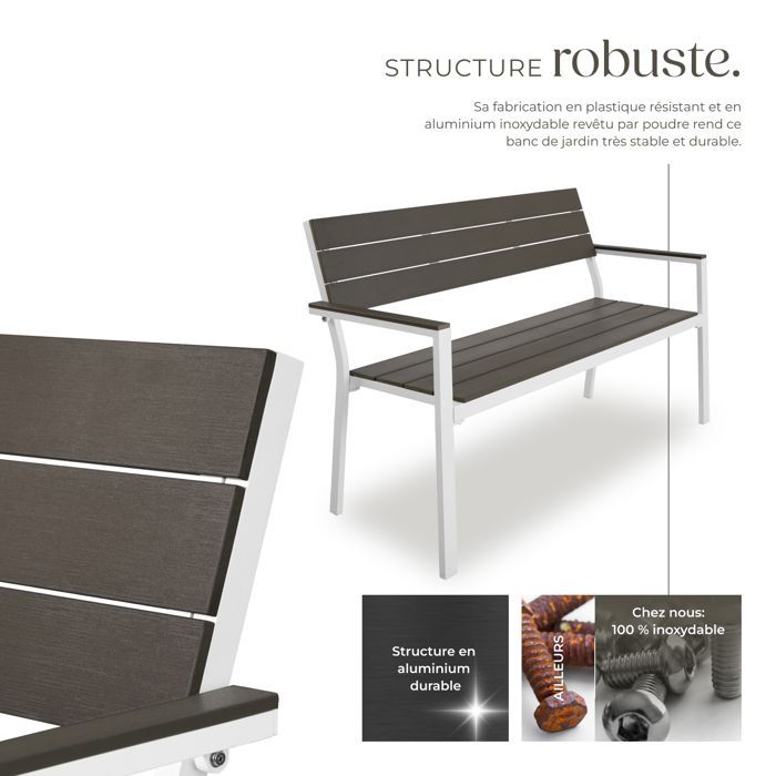 Tuinbank - TECTAKE - LINE 2-zits tuinbank van aluminium met houtlook, 128 x 59 x 88 cm - Lichtgrijs/Wit