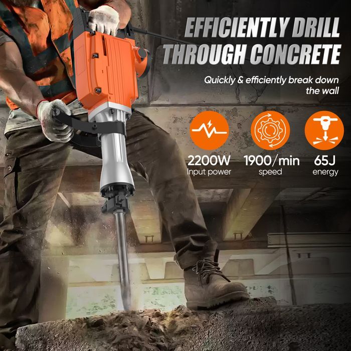 Martelo Demolidor Elétrico de 2200W, 1900 IPM, Quebrador de Concreto Antivibração para Cinzelamento, Construção e Demolição
