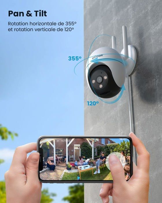 Câmera de vigilância externa ieGeek 2K WiFi, câmera IP 360°, visão noturna colorida, detecção humana, áudio bidirecional.