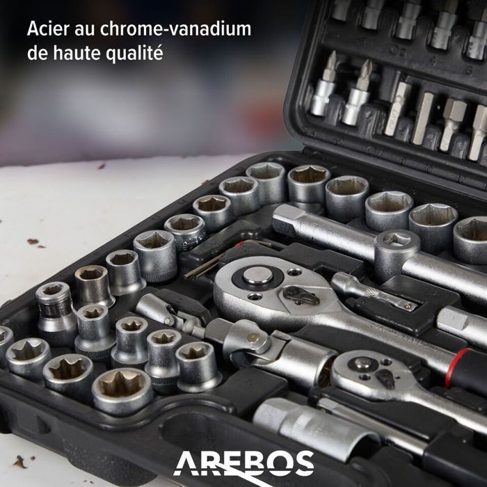 AREBOS Mallette à outils 108 pièces Jeu de douilles Outils Douilles Cliquet Boîte