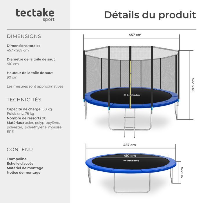 Trampoline - TECTAKE - GARFUNKY Model B Trampoline met duurzaam stalen springdoek, 457 cm - Zwart/blauw