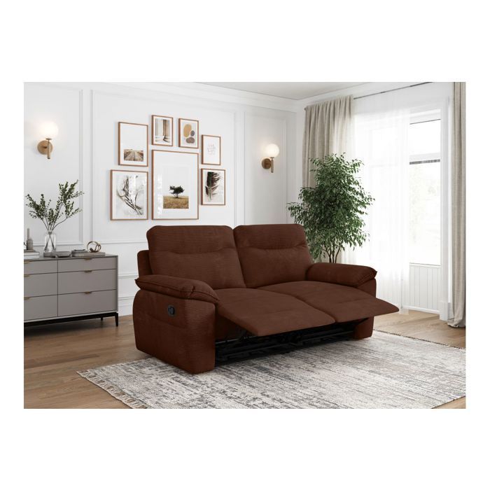 Canapé de relaxation manuel ROSS 3 places en velours côtelé - Marron - L200 x P100 x H102cm - LOUNGITUDE
