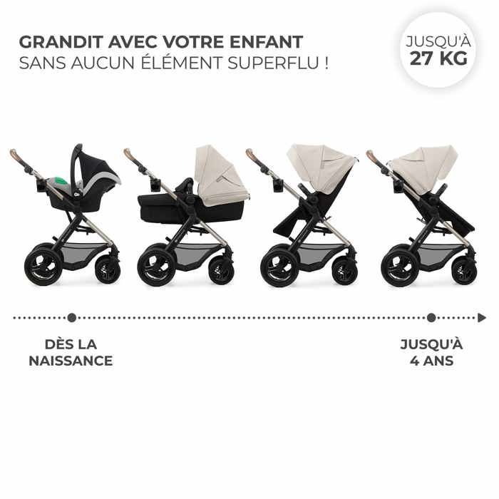 Passeggino multifunzionale Kinderkraft MOOV2 3 in 1, dalla nascita fino a 27 kg, seduta 2 in 1, ruote gonfiabili, facile da piegare, grigio.