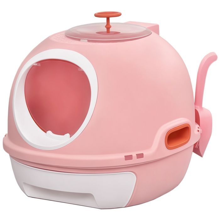 Bac à litière pour chat - maison de toilette - PawHut - portable tiroir coulissant porte battante pelle - plastique - rose