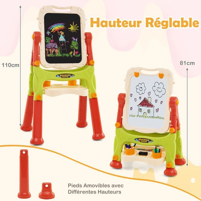 Caballete infantil GIANTEX para mayores de 3 años, pizarra magnética giratoria y extraíble de doble cara, altura ajustable, 57x33x81cm, naranja.