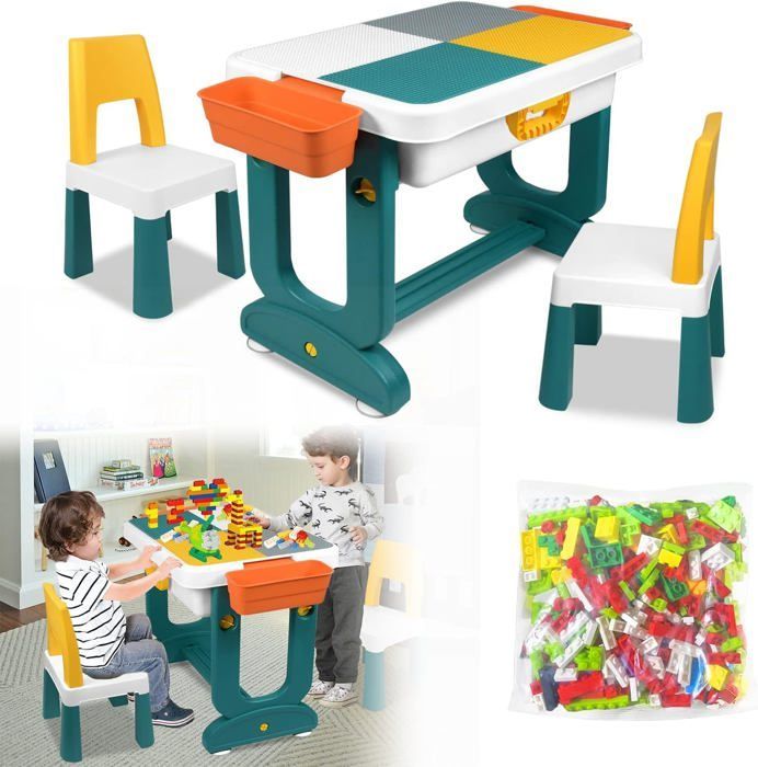 Table d'activités - LARS360 - Multifonctionnelle - 1 Table + 2 Chaises - 300 Blocs - Sécurisée