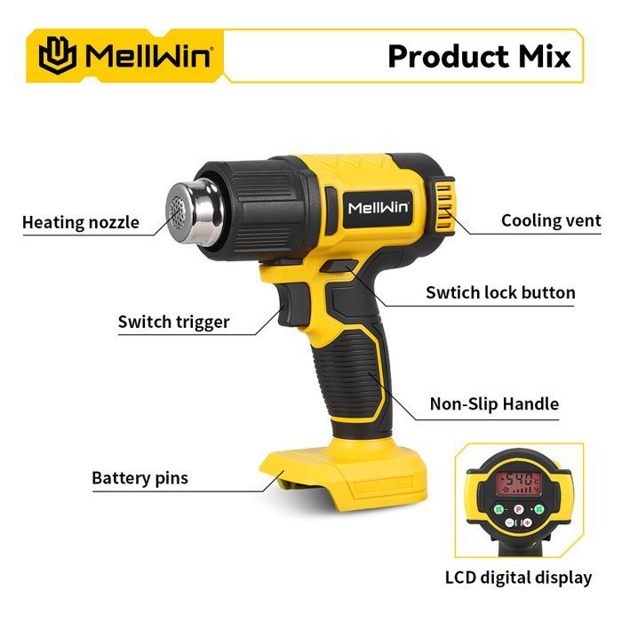 Heat gun - MELLWIN - MellWin - 4000mAh battery - 60–540°C - 4 speeds, LED display