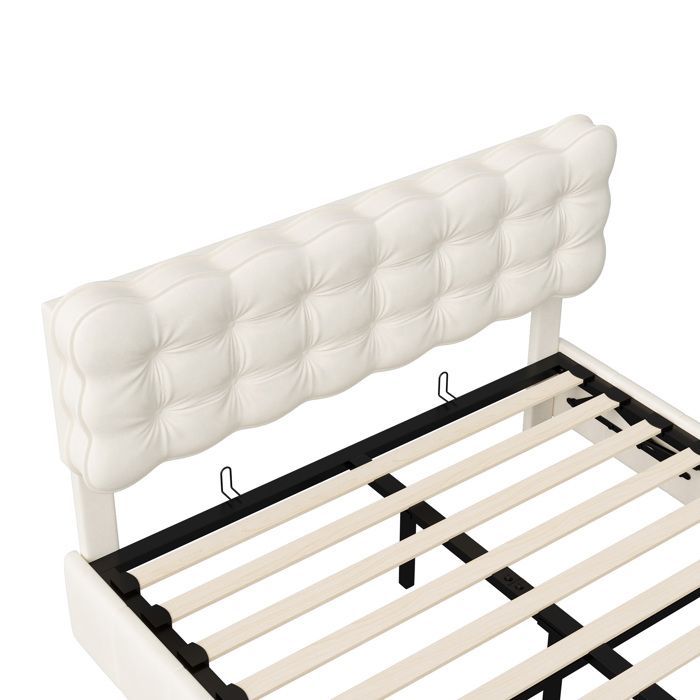 Letto matrimoniale 140x190 - PERGAR - Velluto beige - Letto contenitore - Illuminazione a LED - 2 posti