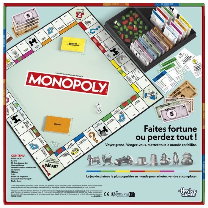 Klassiek Monopoly-bordspel, met opbergdoos en grote speelstukken, 2 tot 6 spelers, Franse versie, vanaf 8 jaar.