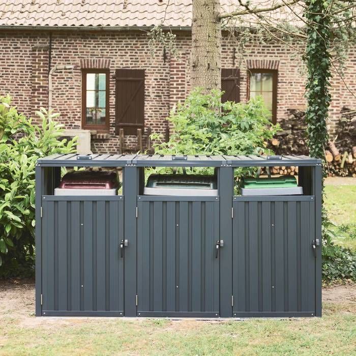 Contenitore per bidoni in acciaio zincato grigio. 3 scomparti. L 219 x P 82 x H 124 cm