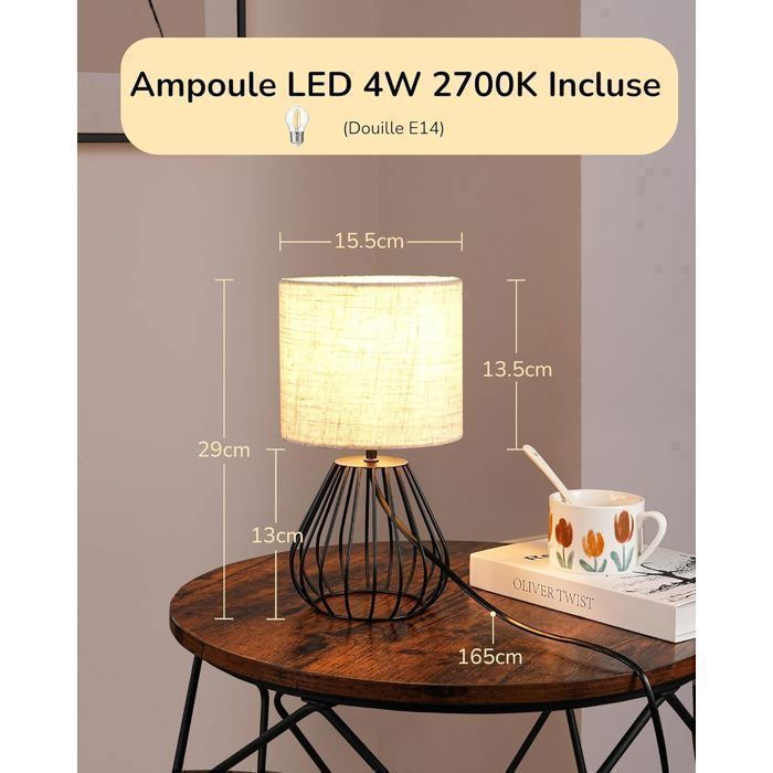 Lámpara de mesa EDISHINE, metal y lino beige, base en forma de lágrima, bombilla LED E14 incluida.