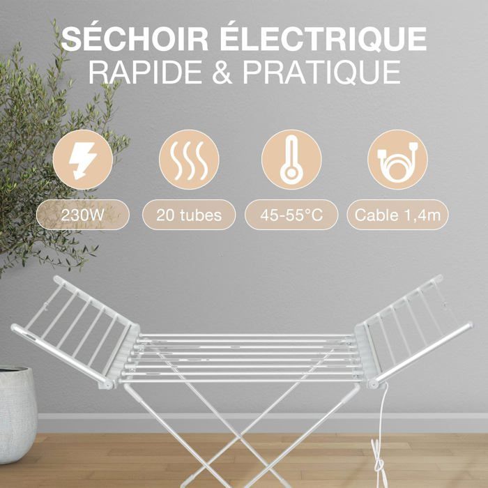 Secadora de roupa elétrica XXL de 1,6 m - 230 W - Temperatura de 45 a 55 °C - Secagem rápida de até 15 kg - Cabo de 1,4 m - Ideal para uso interno