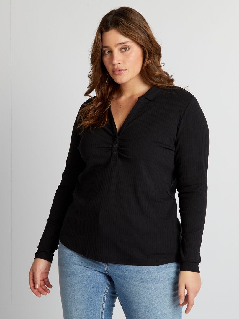 T-shirt met lange mouwen en colkraag - zwart