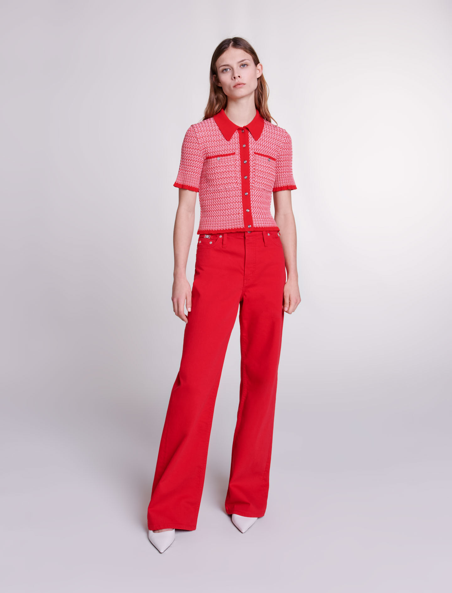 Korte poloshirt met visgraatpatroon - Rood