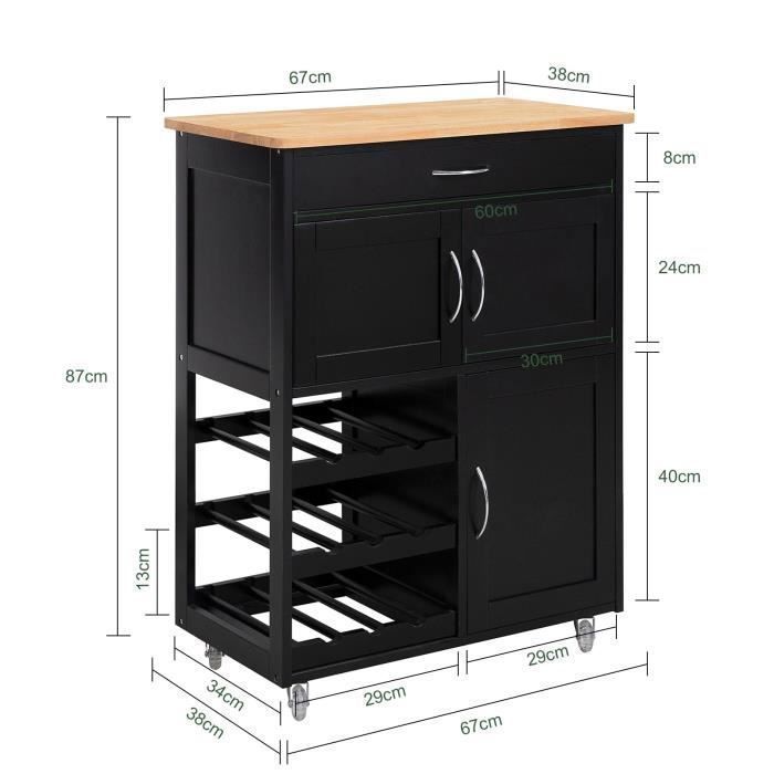 Carrito de cocina SoBuy de madera negra con ruedas, cajón, armarios y botellero, mueble de cocina de 67x38x86cm.