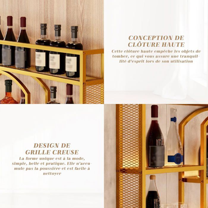 GOOBUY 140cm Wall-Mounted Wine Rack, Metal Wine Rack, Wine Glass Holder, with LED Light, Industrial Style, 140x15x81cm, Gold