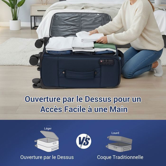 British Traveller Valise Cabine 57.5x37.5x25cm Extensible Souple Bagage à Main Léger avec Serrure TSA et 4 Roues, 40.5L, Marine