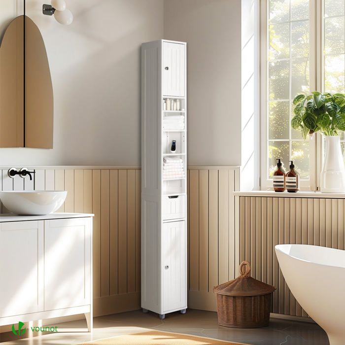 Columna de baño VOUNOT® 20x20x180cm - Mueble de almacenamiento con estantes ajustables, cajón y puertas de armario - MDF - Blanco