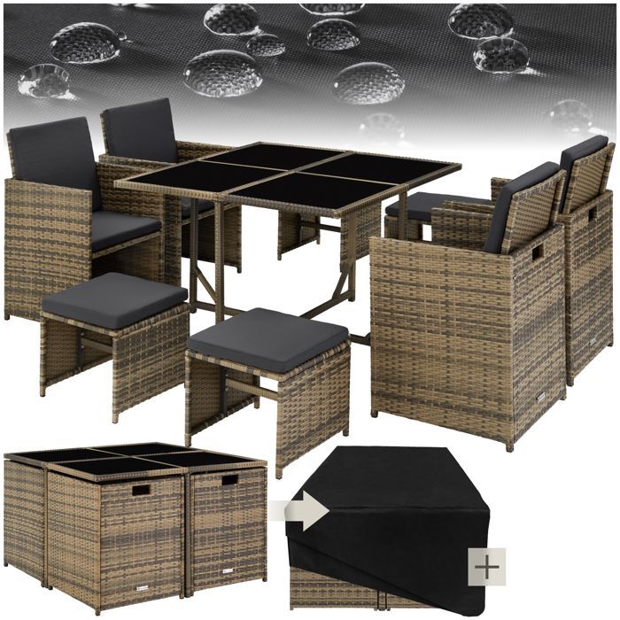 Conjunto de jardín - TECTAKE - Conjunto de salón de jardín de 8 plazas con fundas BILBAO, sillones apilables, resina tejida - Marrón natural