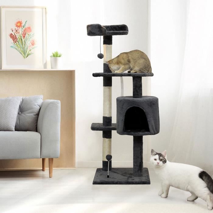 JASPER Grijze Krabpaal 40 x 40 x 114 cm - 3 platforms, 1 schuilplaats, krabpalen