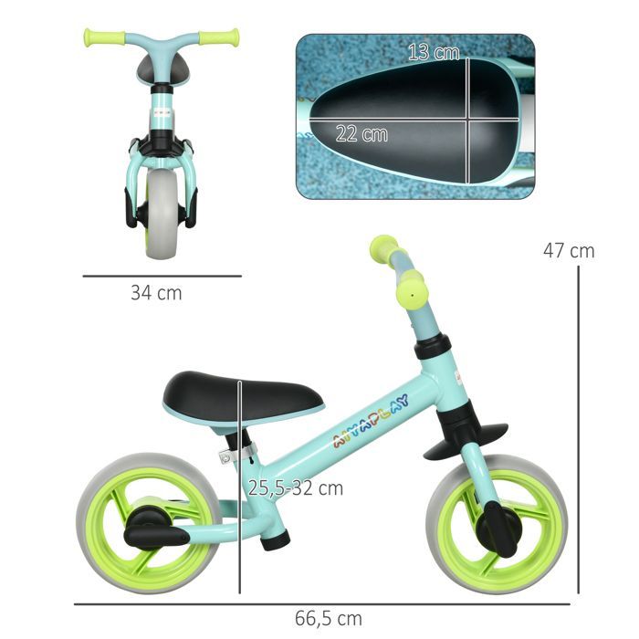 Balanscykel - AIYAPLAY - babybalanscykel med justerbar sits, EVA-hjul, leksak för 18-48 månader, 25 kg - plast - grön