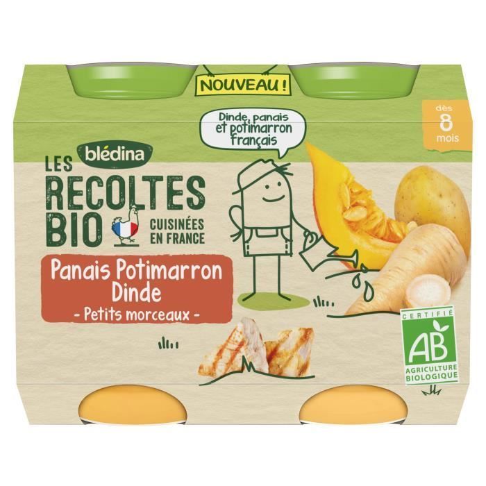 Blédina Organic Harvests, Organic Baby Food from 8 Months, Parsnip, Pumpkin & Turkey, 2 x 200g
