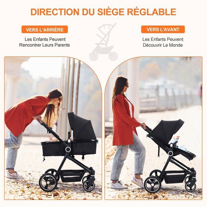 Cochecito 2 en 1, cochecito plegable compacto y ligero con asiento reclinable, cochecito cómodo para bebés de 0 a 3 años, negro.