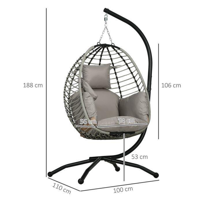 Silla colgante tipo huevo - Outsunny - columpio plegable con cojín y soporte - cuerda metálica - 110x100x188cm - gris