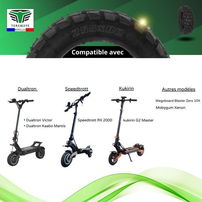 Pneu et Chambre à air 255x80 Pour Trottinette électrique Dualtron Victor - Kaabo Mantis 10 Mobygum Xenon-S  et kukirin G2 Master