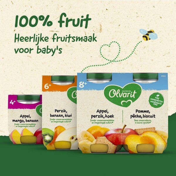 Olvarit 8+M ovocná kaša s broskyňou a jablkom<br>2 x 200g