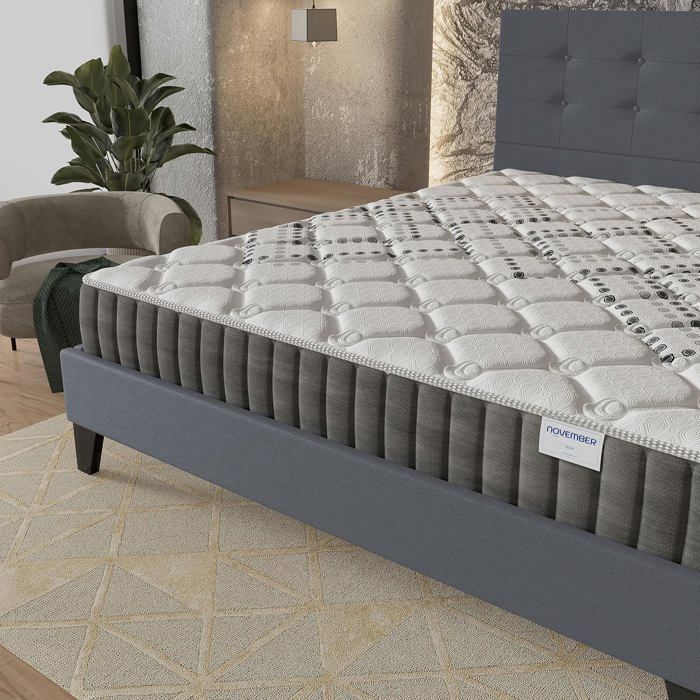 Colchón y cama (140x200cm) - Muelles ensacados Eliha de 20cm y espuma de alta densidad + Base de láminas estable y cabecero tapizado en gris