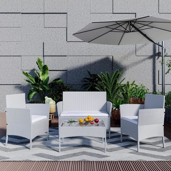 Salon de jardin | résine tressée imitation rotin | 4 personnes | avec 2 Fauteuils, 1 Canapé et 1 Table | Gris