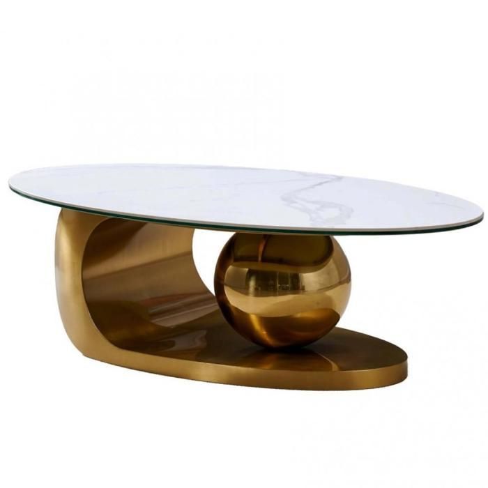 BOWL GOLD 120 design salontafel met gouden metalen onderstel en wit marmeren blad