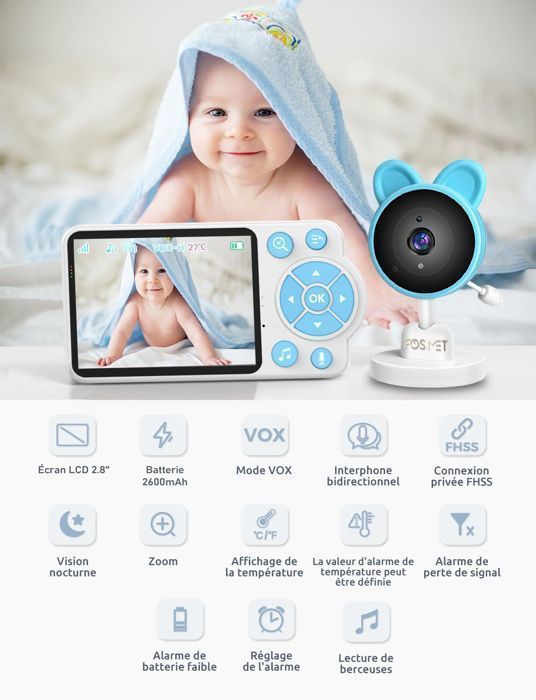 FOSMET Baby Monitor, 4X Zoom, 2.4GHz Two-Way Communication, Lullaby, Night Vision, VOX, Temperature Sensor, Blue