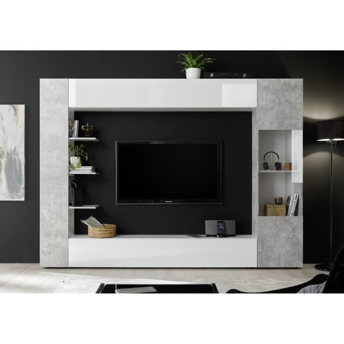 Mueble de TV SIENNA - Lacado blanco y hormigón - 295 x 30 x 187 cm (ancho x profundidad x alto)