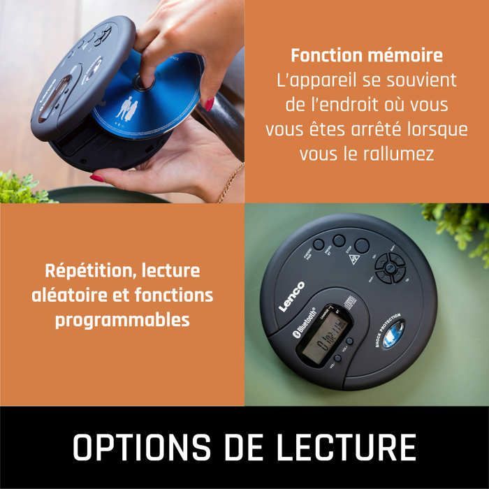 Lenco CD-300BK - Leitor de CD/MP3 portátil com Bluetooth® e proteção contra impactos - Preto