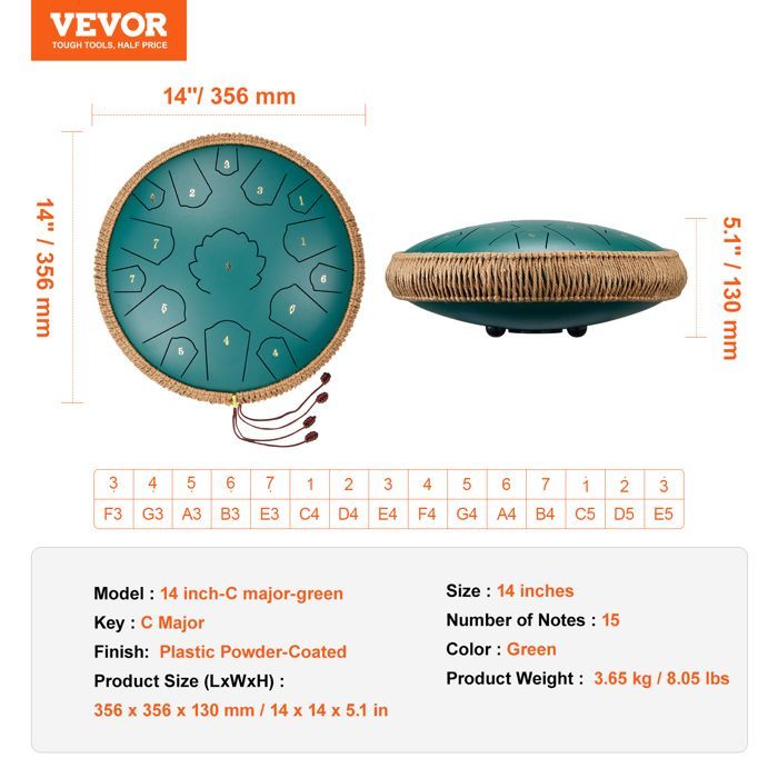 Tambor de lengüetas de acero VEVOR - 356 mm - 15 notas - 2 mazos, bolsa de transporte - para educación musical, yoga - Verde