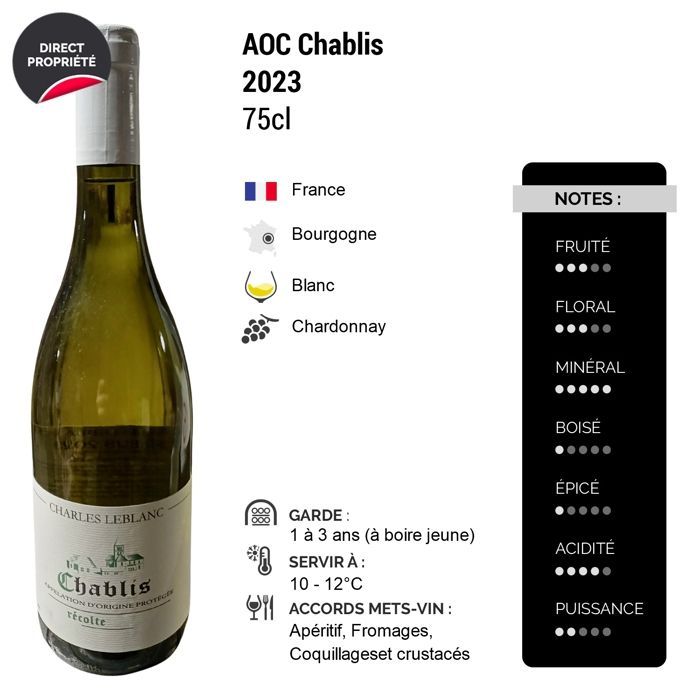 Charles Leblanc Chablis 2023 - Vino blanco de Borgoña (6 x 75 cl)