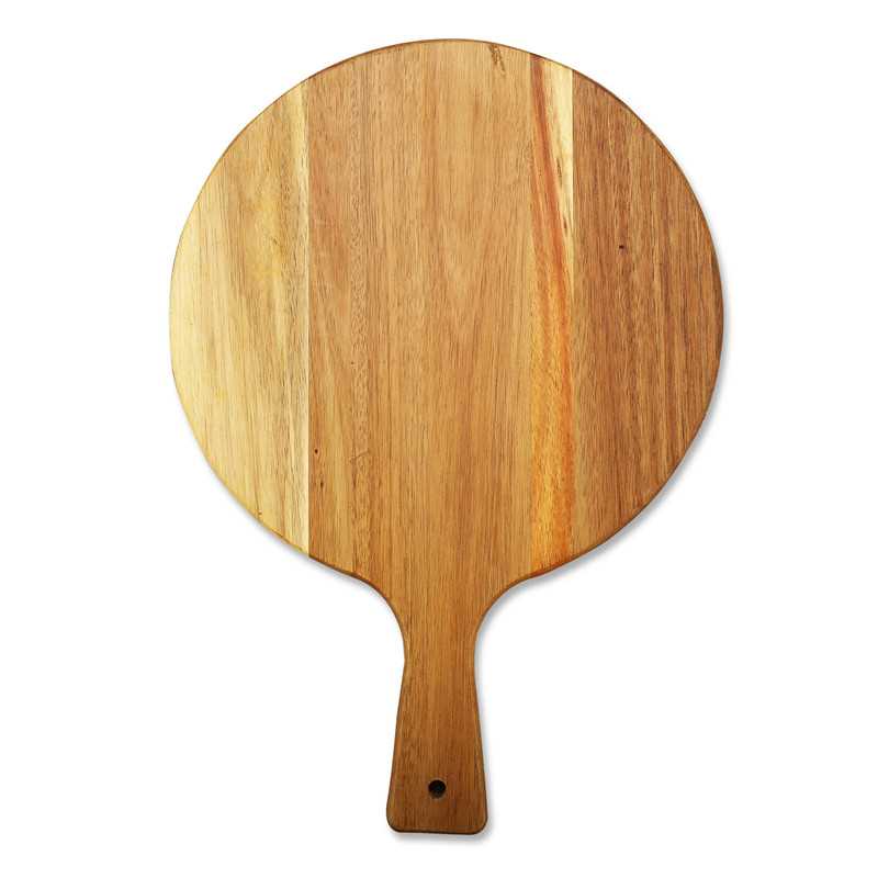 Bandeja de pizza premium personalizada, tabla de cortar de madera de acacia, bloques para picar carne y fruta con asa.