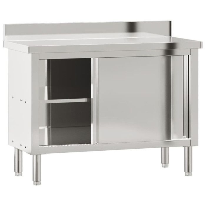 Mesa de trabajo de cocina con puertas correderas de acero inoxidable.
